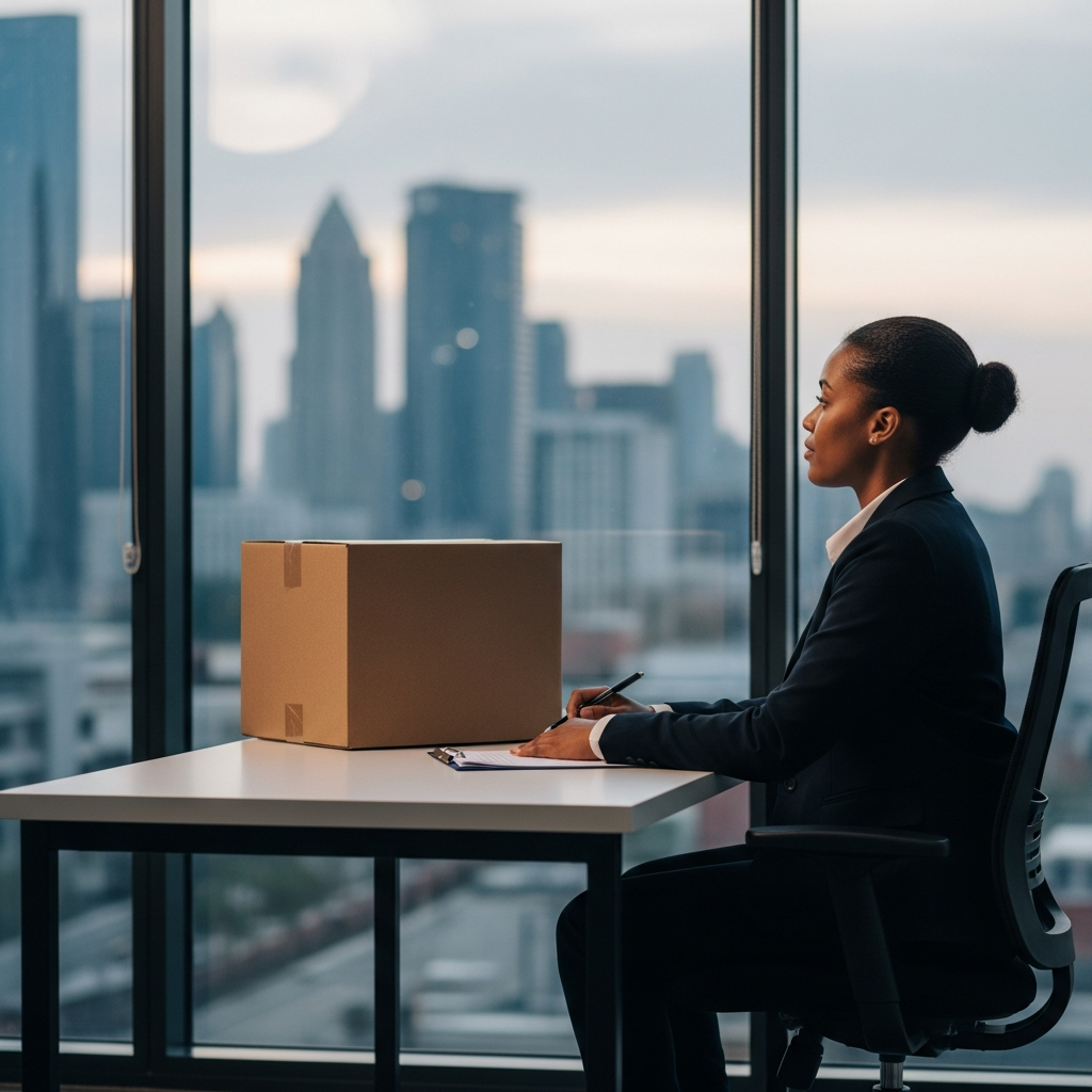 A person sitting at an office desk with an empty cardboard box, looking out a window at a city skyline.