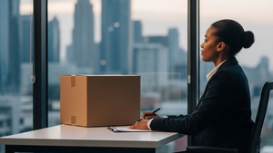 A person sitting at an office desk with an empty cardboard box, looking out a window at a city skyline.
