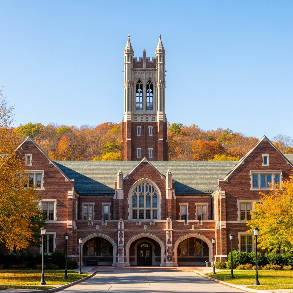 An architectural view of grand brick university buildings with gothic towers and arched entryways, set against a backdrop of autumn trees and a clear sky.