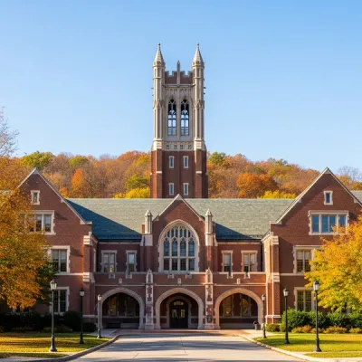 An architectural view of grand brick university buildings with gothic towers and arched entryways, set against a backdrop of autumn trees and a clear sky.