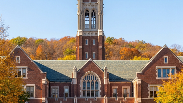 An architectural view of grand brick university buildings with gothic towers and arched entryways, set against a backdrop of autumn trees and a clear sky.