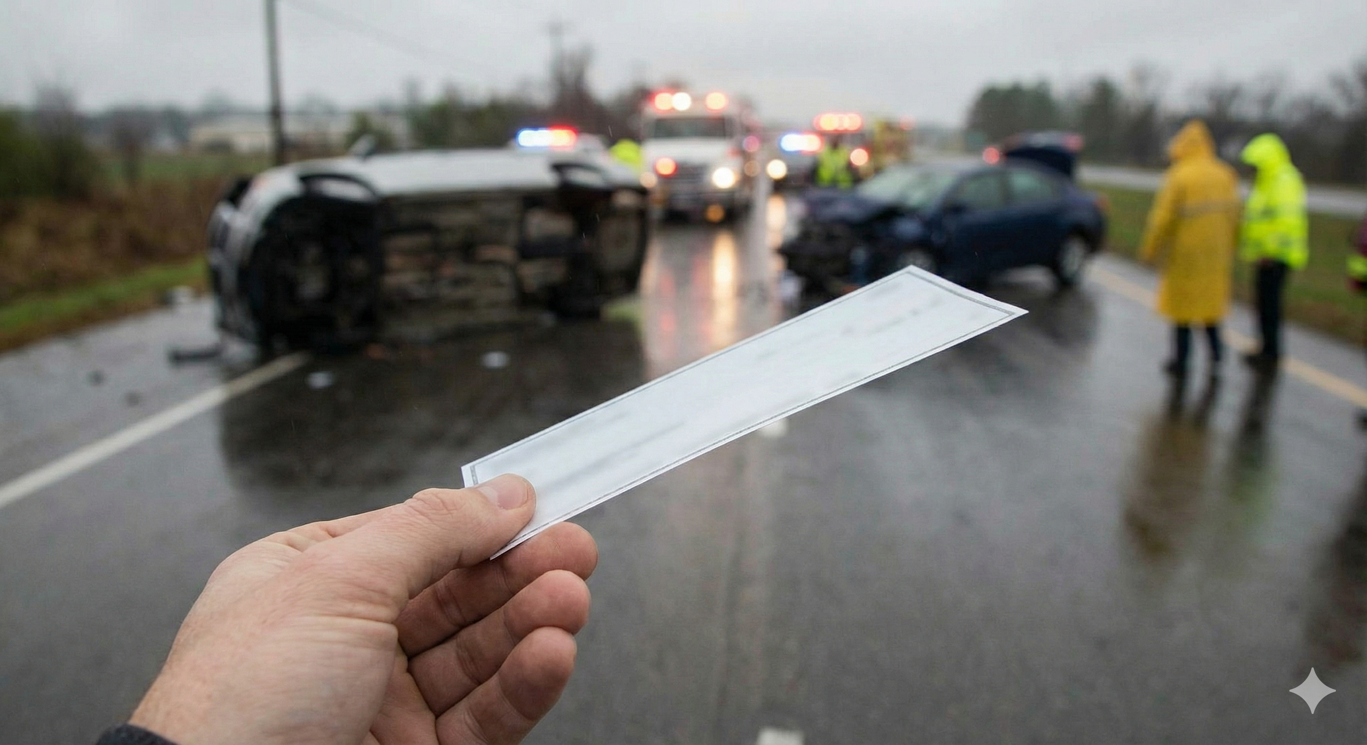 An image showing a hand holding a check with a blurred background of a car accident scene, symbolizing the journey from crash to settlement.