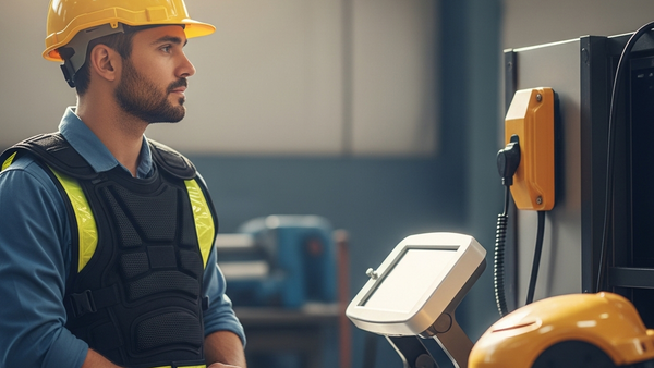 A worker wearing a bright yellow hard hat and protective vest standing in a sunlit industrial workshop, looking at modern safety equipment.