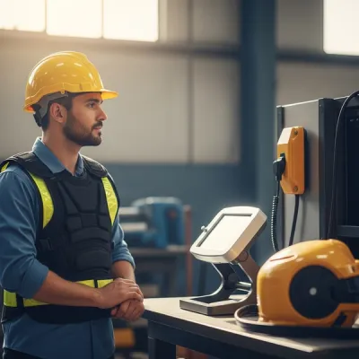 A worker wearing a bright yellow hard hat and protective vest standing in a sunlit industrial workshop, looking at modern safety equipment.