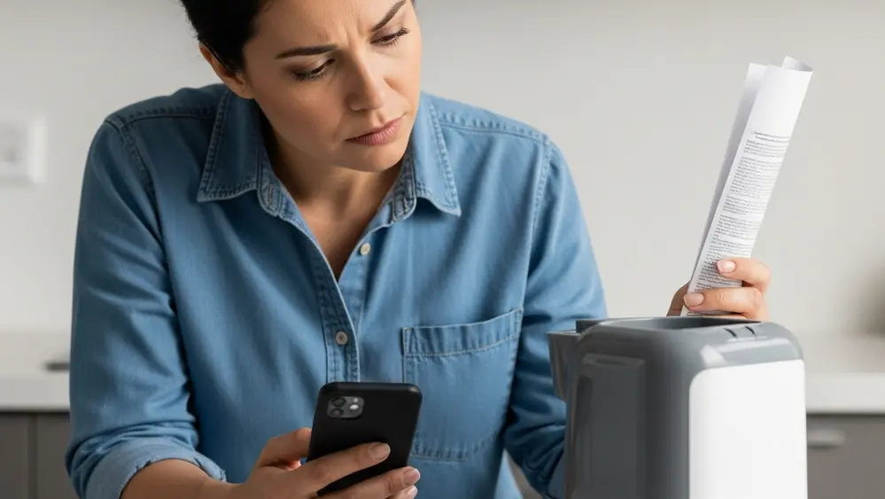 A person examining a small household appliance on a kitchen counter, looking concerned while holding a smartphone and a printed notice.