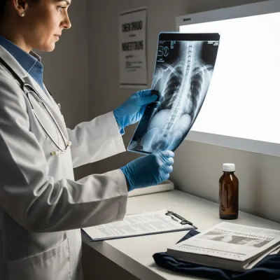 A medical professional in a white coat reviewing a patient's spinal X-ray on a light box in a clinical setting.