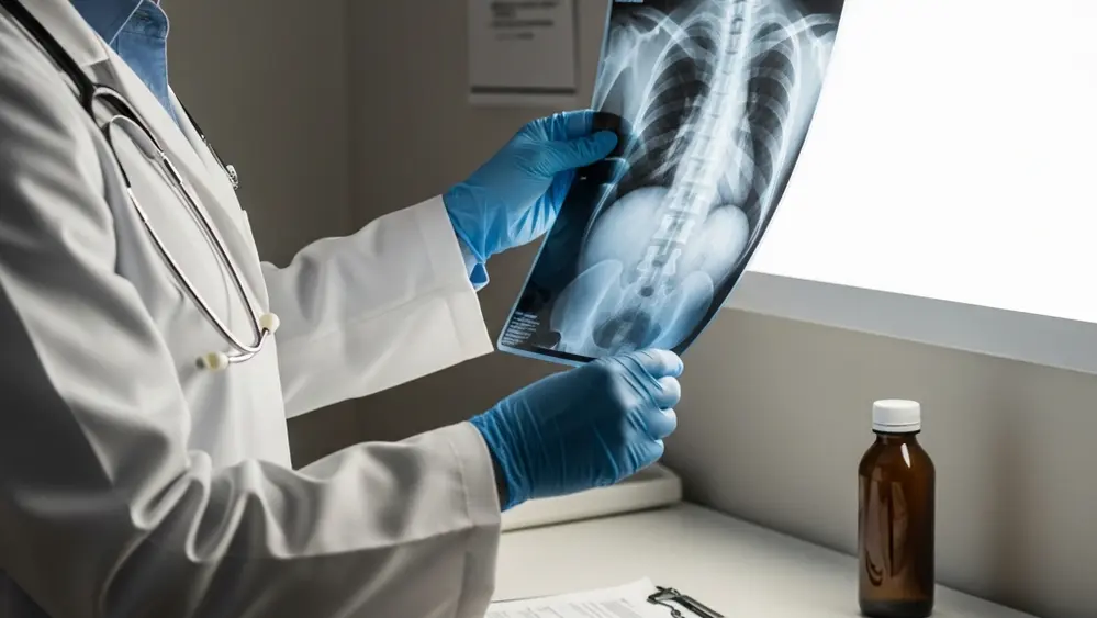 A medical professional in a white coat reviewing a patient's spinal X-ray on a light box in a clinical setting.
