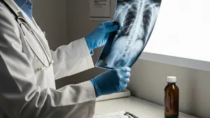 A medical professional in a white coat reviewing a patient's spinal X-ray on a light box in a clinical setting.