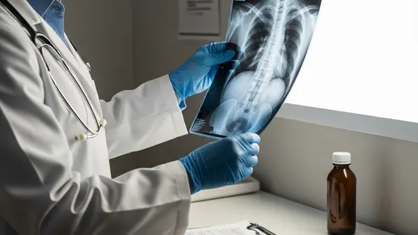 A medical professional in a white coat reviewing a patient's spinal X-ray on a light box in a clinical setting.