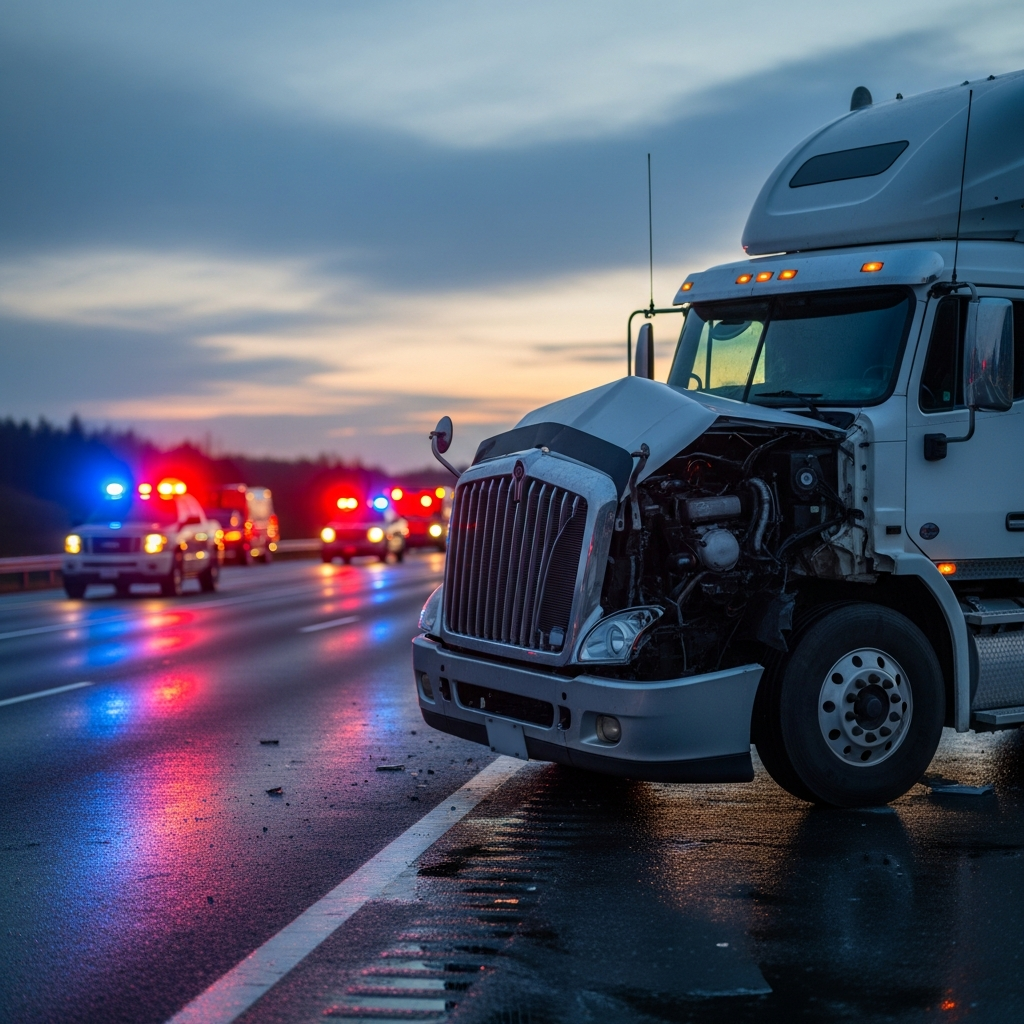 A large commercial semi-truck with significant front-end damage resting on a highway shoulder while emergency lights glow in the background.