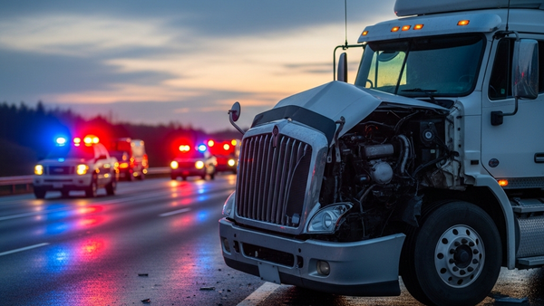 A large commercial semi-truck with significant front-end damage resting on a highway shoulder while emergency lights glow in the background.