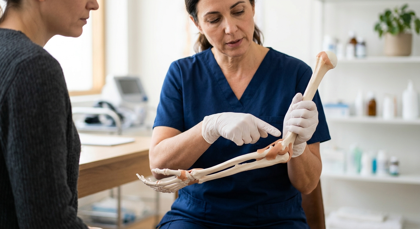 A medical professional's hands holding a human arm model and pointing to the elbow joint during a functional assessment