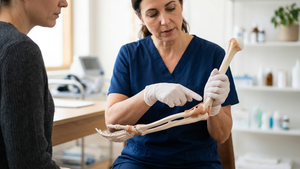 A medical professional's hands holding a human arm model and pointing to the elbow joint during a functional assessment