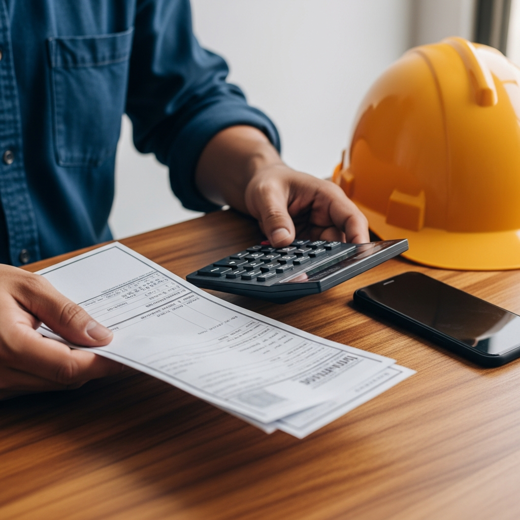 A close-up of a worker's hands holding a paycheck and a calculator next to a smartphone on a wooden table with a hard hat nearby.
