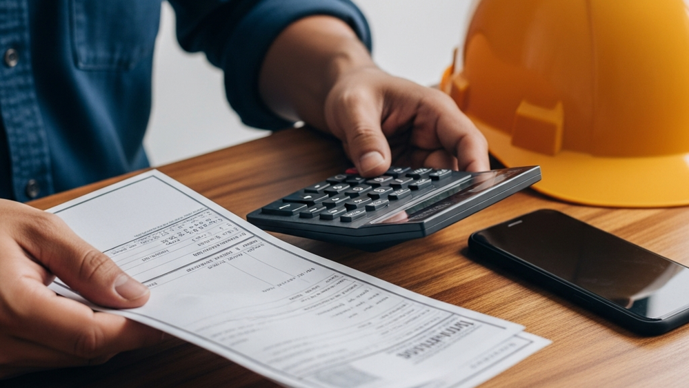 A close-up of a worker's hands holding a paycheck and a calculator next to a smartphone on a wooden table with a hard hat nearby.