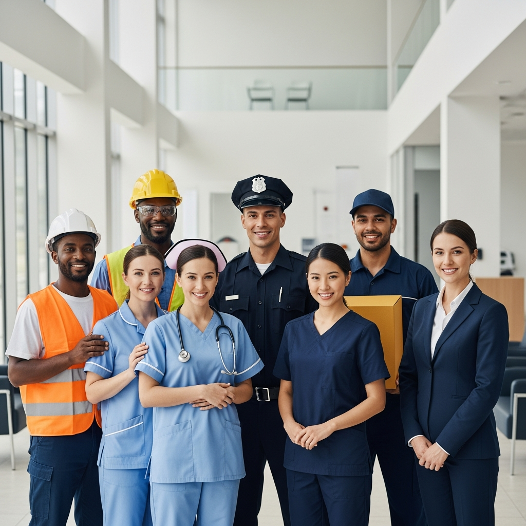 A group of diverse employees in various uniforms standing together in a modern office lobby looking confident and unified