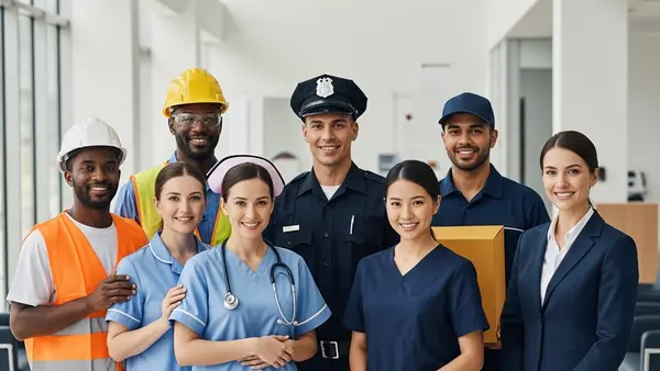 A group of diverse employees in various uniforms standing together in a modern office lobby looking confident and unified