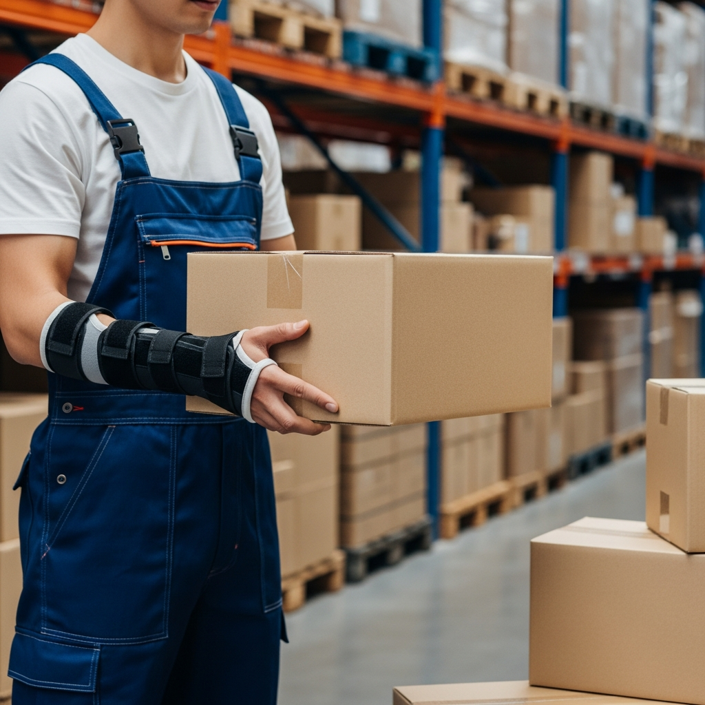A worker in a warehouse wearing a supportive wrist brace while carefully lifting a light cardboard box, showing a return to work in a modified capacity.