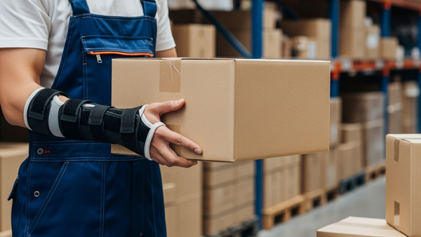 A worker in a warehouse wearing a supportive wrist brace while carefully lifting a light cardboard box, showing a return to work in a modified capacity.