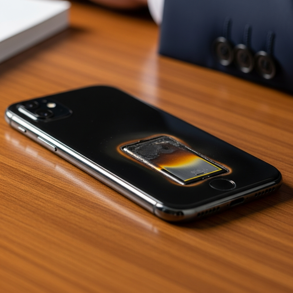 A sleek modern smartphone lying on a wooden table with visible heat damage and slight charring around the battery area.