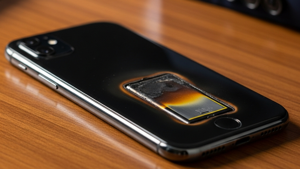 A sleek modern smartphone lying on a wooden table with visible heat damage and slight charring around the battery area.