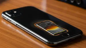 A sleek modern smartphone lying on a wooden table with visible heat damage and slight charring around the battery area.