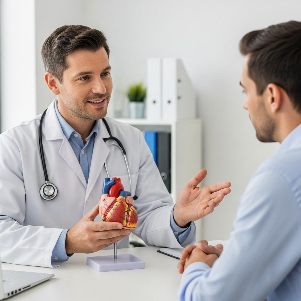 A doctor in a white coat sitting across from a patient, holding an anatomical model of a heart while gesturing calmly to explain a procedure.