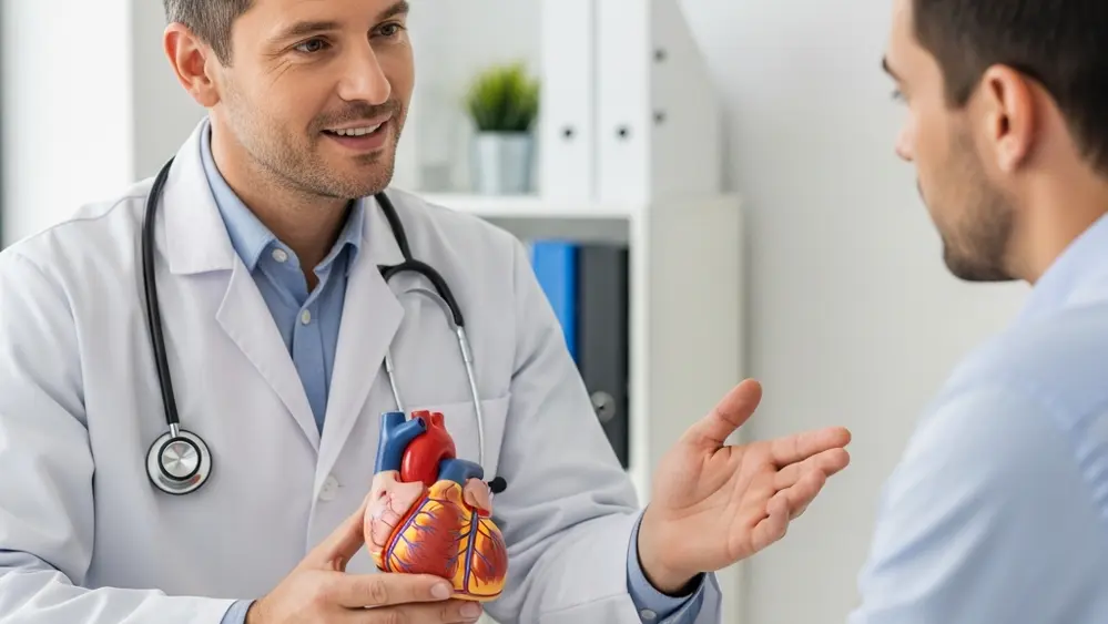 A doctor in a white coat sitting across from a patient, holding an anatomical model of a heart while gesturing calmly to explain a procedure.