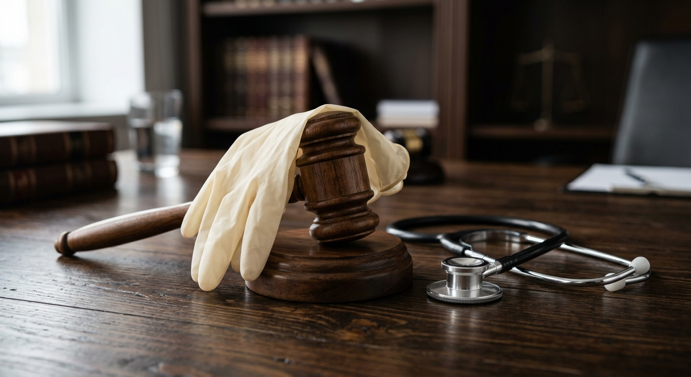 A pair of medical gloves resting on a wooden gavel next to a silver stethoscope on a dark background.