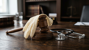 A pair of medical gloves resting on a wooden gavel next to a silver stethoscope on a dark background.