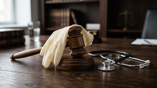 A pair of medical gloves resting on a wooden gavel next to a silver stethoscope on a dark background.