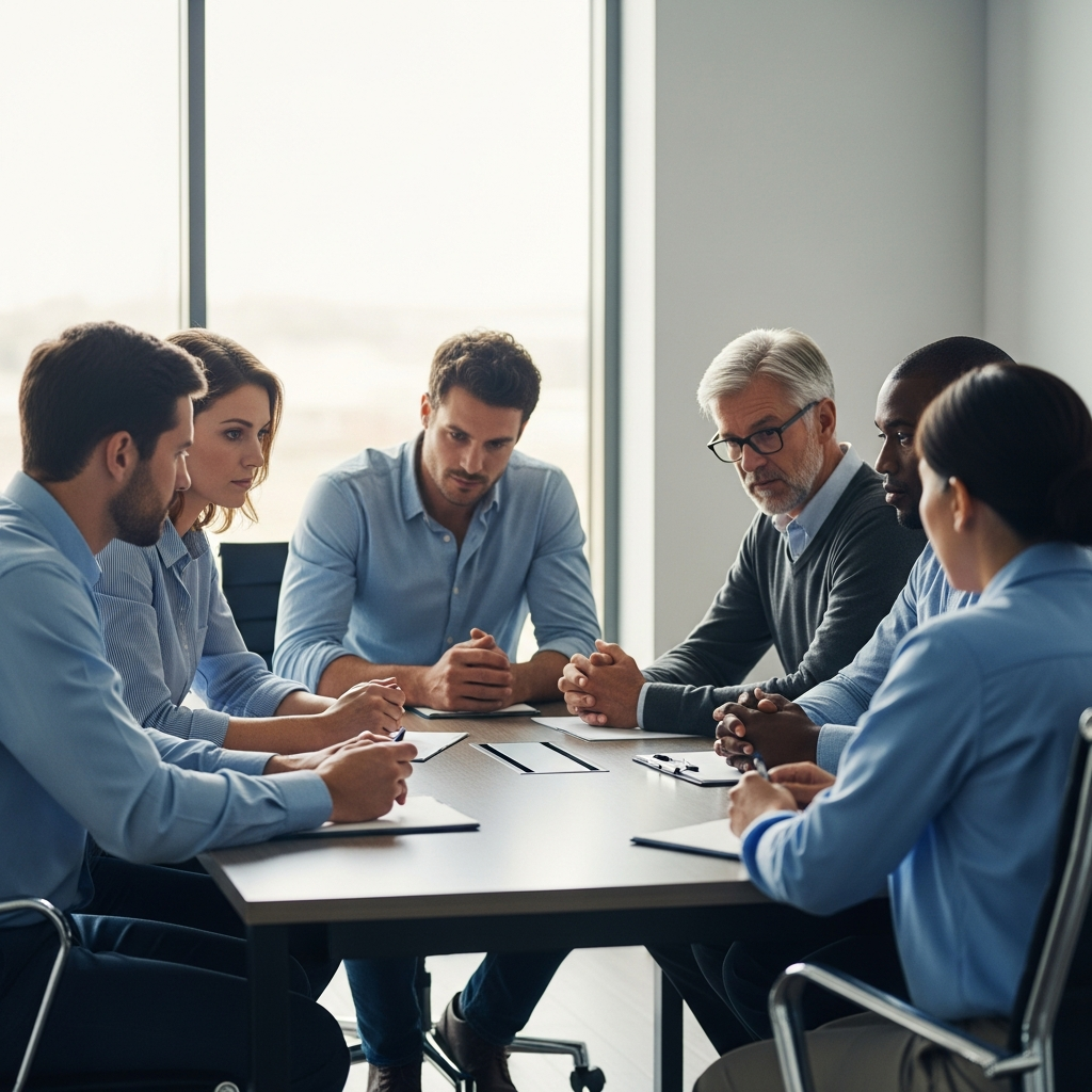 A professional office setting with several diverse people sitting around a conference table in deep discussion, symbolizing a recruitment process.