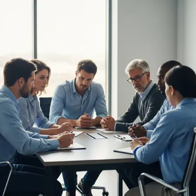 A professional office setting with several diverse people sitting around a conference table in deep discussion, symbolizing a recruitment process.