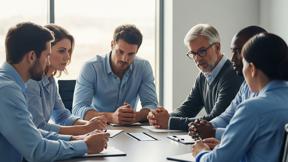 A professional office setting with several diverse people sitting around a conference table in deep discussion, symbolizing a recruitment process.