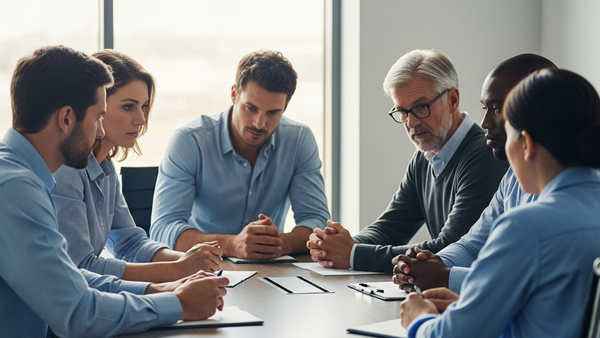 A professional office setting with several diverse people sitting around a conference table in deep discussion, symbolizing a recruitment process.