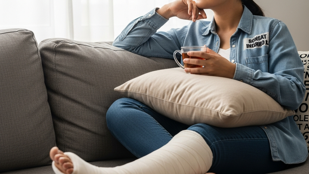 A person sitting on a sofa with a leg cast resting on a pillow, holding a cup of tea while looking thoughtfully out of a bright window.