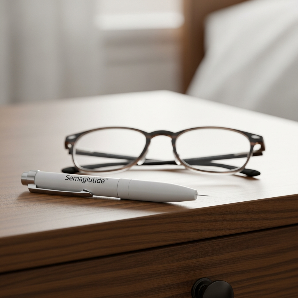 A close-up of a semaglutide injection pen resting on a bedside table next to a pair of eyeglasses, symbolizing the link between the medication and vision.