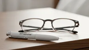 A close-up of a semaglutide injection pen resting on a bedside table next to a pair of eyeglasses, symbolizing the link between the medication and vision.