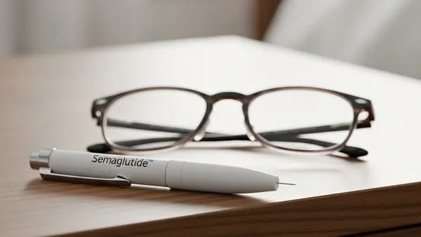 A close-up of a semaglutide injection pen resting on a bedside table next to a pair of eyeglasses, symbolizing the link between the medication and vision.