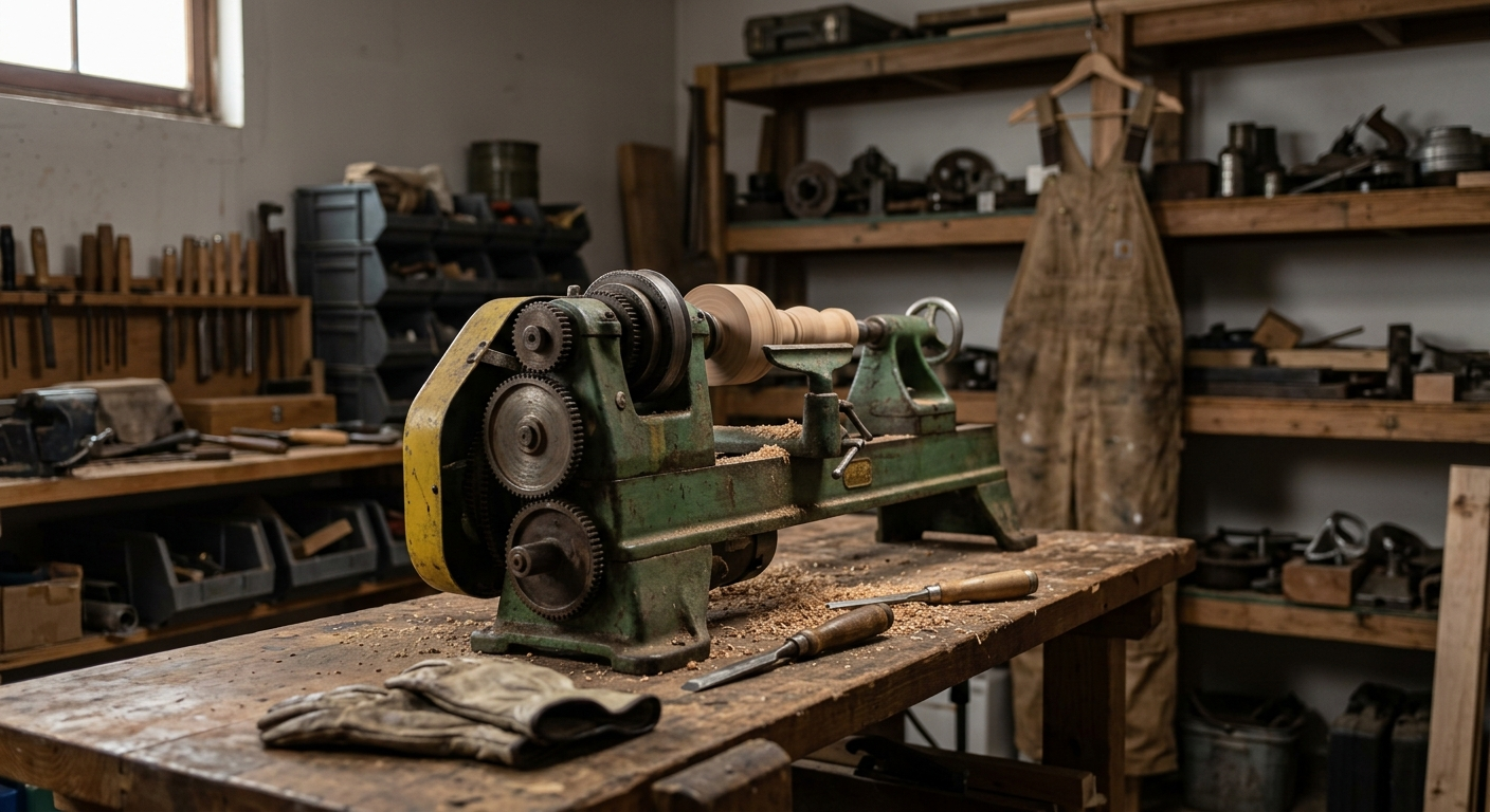 A vintage 1950s style combination power tool and wood lathe sitting on a workbench in a residential garage workshop