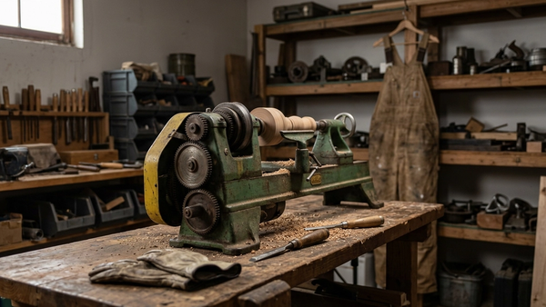 A vintage 1950s style combination power tool and wood lathe sitting on a workbench in a residential garage workshop
