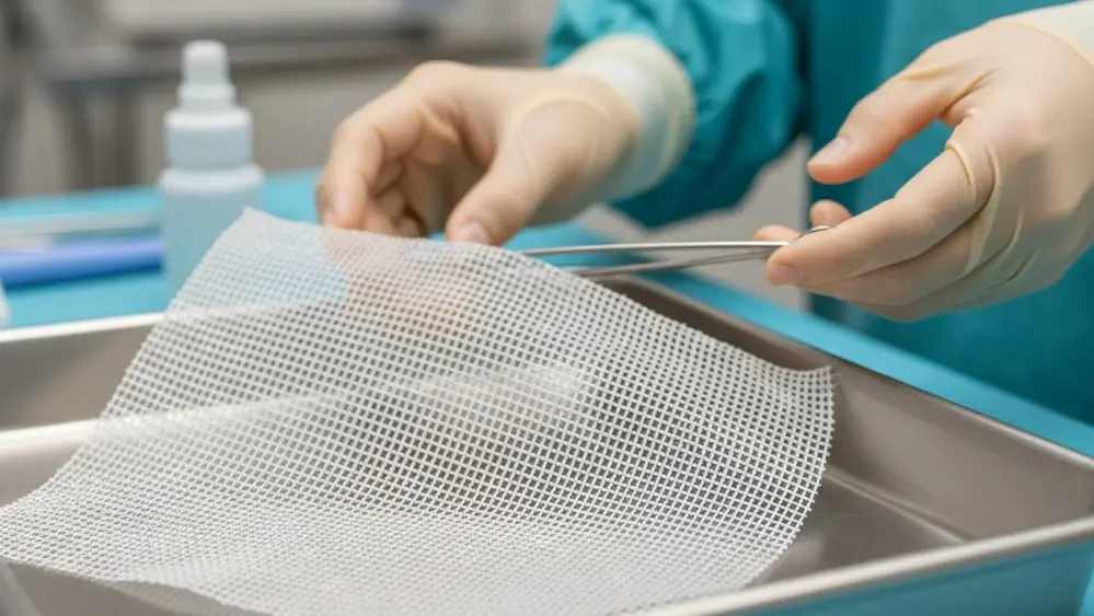 A close-up view of a synthetic medical mesh screen used for hernia repair resting on a sterile surgical tray in a clinical setting.