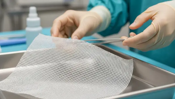 A close-up view of a synthetic medical mesh screen used for hernia repair resting on a sterile surgical tray in a clinical setting.