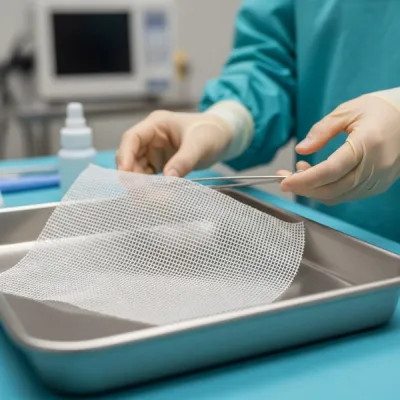 A close-up view of a synthetic medical mesh screen used for hernia repair resting on a sterile surgical tray in a clinical setting.