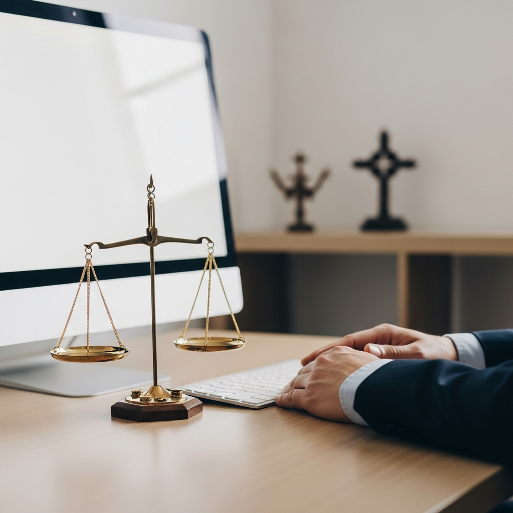 An office desk with a computer and a set of professional scales, with a person's hands resting on a desk near a small, symbolic religious ornament on a shelf in the background.