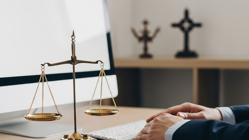 An office desk with a computer and a set of professional scales, with a person's hands resting on a desk near a small, symbolic religious ornament on a shelf in the background.