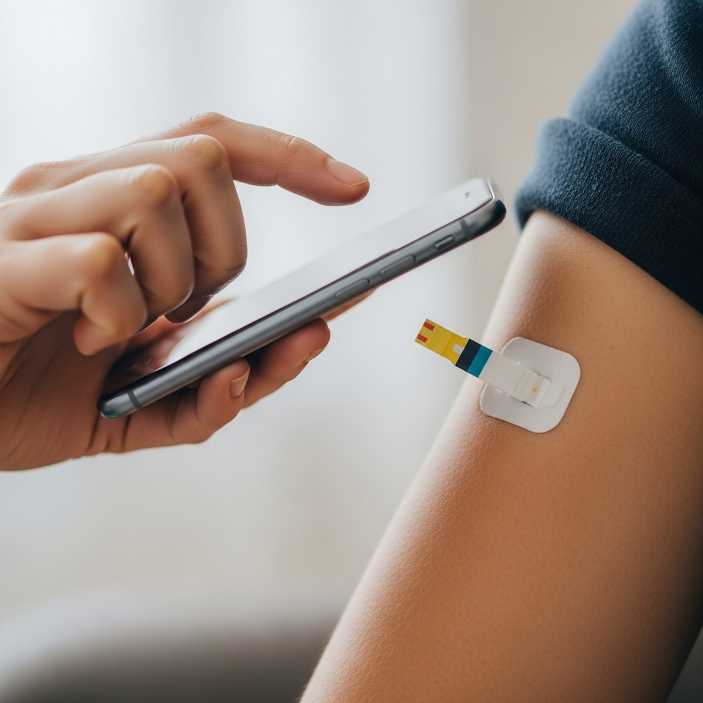 A close-up of a continuous glucose monitor sensor applied to a person's upper arm, while they hold a smartphone to scan the device for a blood sugar reading.