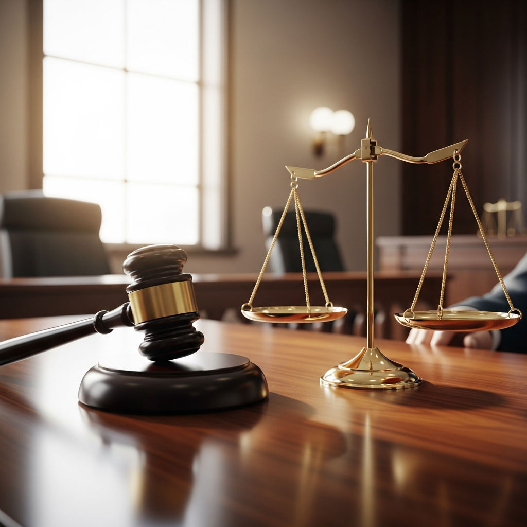 A heavy gavel resting on a wooden desk next to a set of scales of justice in a well-lit courtroom setting.
