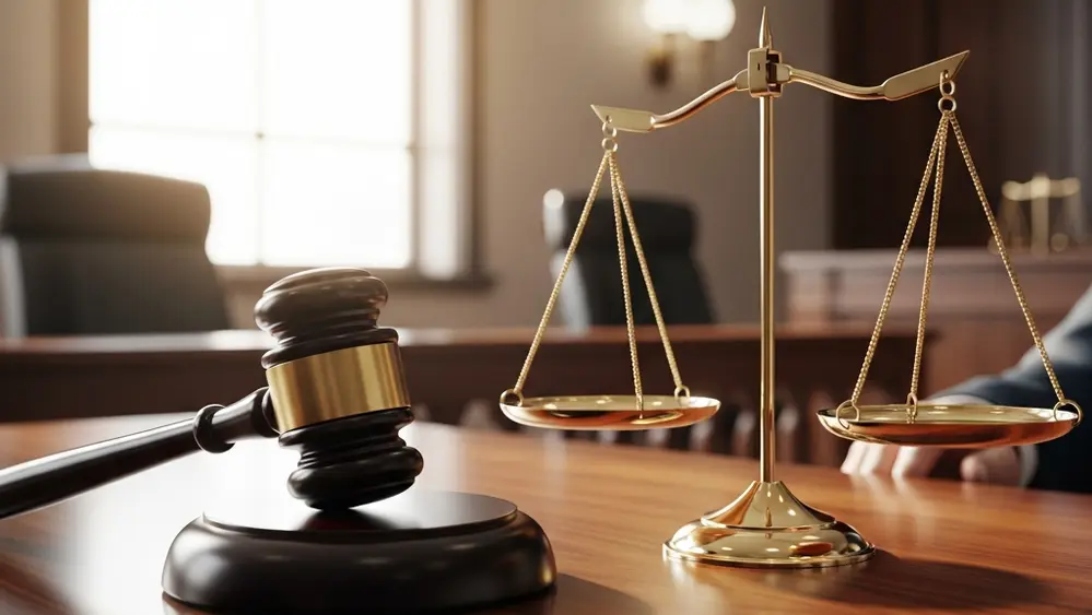 A heavy gavel resting on a wooden desk next to a set of scales of justice in a well-lit courtroom setting.