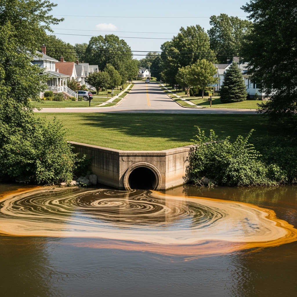 A quiet suburban street with homes and trees in the distance, while in the foreground, a slow-moving river shows discolored sediment near an industrial drainage pipe.